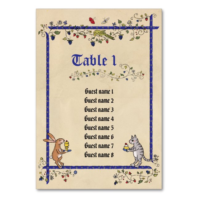 cartão com número da mesa de animais medievais com (Frente)