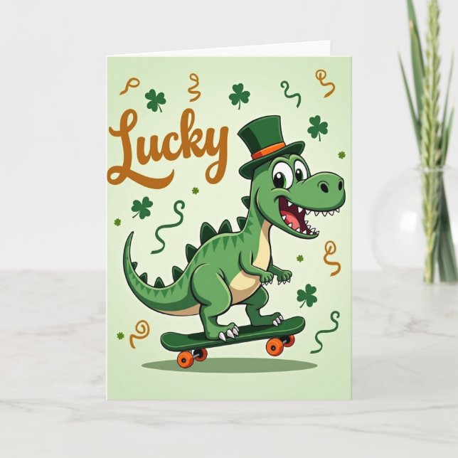 Cartão com Padrão de Dino Verde Sortudo (Frente)