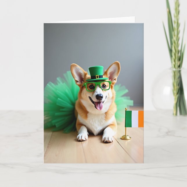 Cartão com Padrão de Trevo Verde Corgi (Frente)