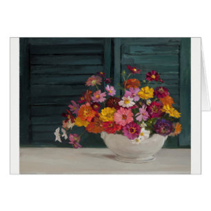 Cartão com um buquê alegre de flores coloridas