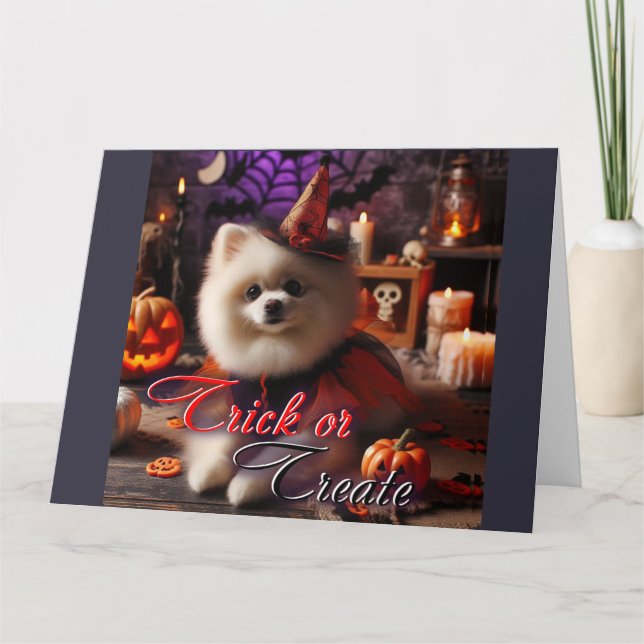 Cartão com uma impressão de um Pomerânia branco (Frente)