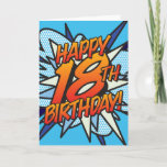 Cartão Comic Book HAPPY 18TH BIRTHDAY blue<br><div class="desc">Fun trendy superhero comic book pop,  Happy Birthday celebration cards. Treat a special someone on their special day!
Designed by ComicBookPop© at www.zazzle.com/comicbookpop*</div>