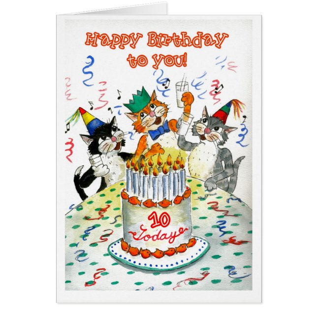 Cartão Comic Singing Cats Age-specific 10th Birthday (Frente)