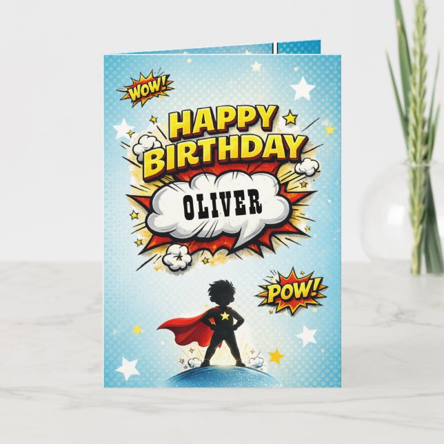Cartão Comic Style Superhero Boy's Name Birthday (Frente)