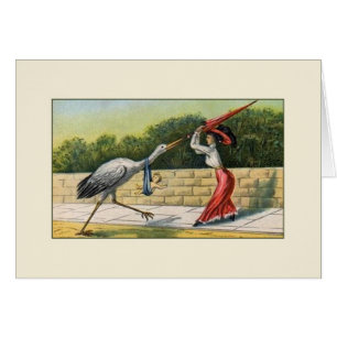 Cartão cómico do bebê da cegonha do vintage