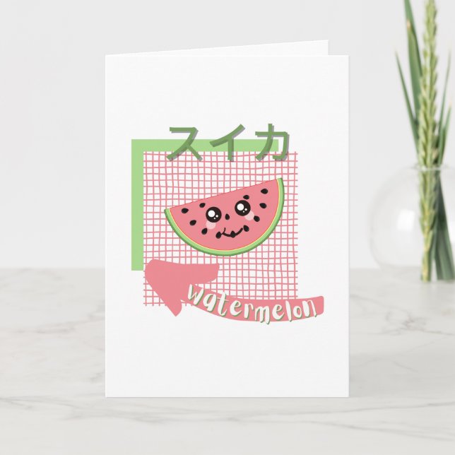 Cartão comida kawaii- melancia fofa, rosa, verde (Frente)
