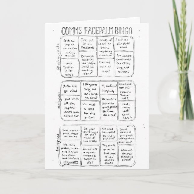 Cartão Comms Facepalm Bingo Greeting Card (Frente)