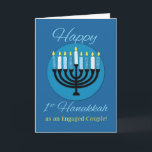 Cartão Como Casal Envolvido Hanukkah Menorah<br><div class="desc">Como um casal noivo,  eles adorariam receber esta carta especial celebrando seu primeiro Chanukah! O fundo azul real é forte em relação à mensagem. Um círculo central acentua a menorah negra com velas luminosas.</div>