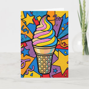 Cartão Cone de Sorvete de Aniversário e Arte Pop de Confe