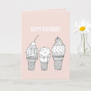 Cartão Cones De Sorvete Branco Rosa Aniversário