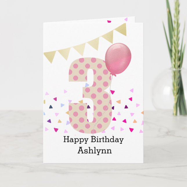 Cartão Confete Rosa Bolinhas 3º Aniversário (Frente)