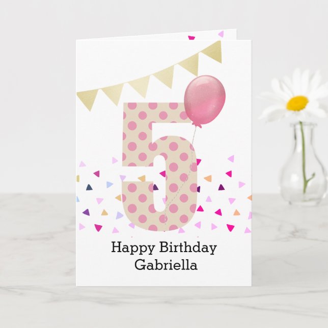 Cartão Confetti Pink Polka Dot 5th Birthday (Planta pequena)