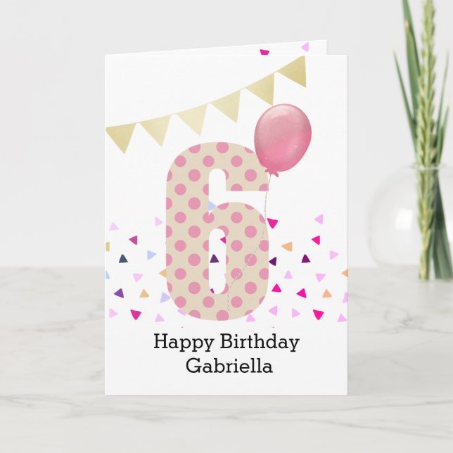Cartão Confetti Pink Polka Dot 6th Birthday (Frente)