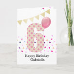 Cartão Confetti Pink Polka Dot 6th Birthday<br><div class="desc">A colorful pink 6th birthday card for girls, which you can personalize with her name. The front of this colorful 6th birthday card for her features the number six in a pink polka dot with a pink balloon ready to float away.The background has some colorful confetti and a soft gold...</div>