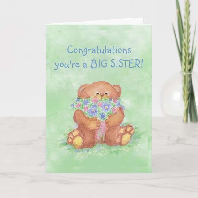 Cartão Congratulations BIG SISTER FunTeddy Bear Flowers (Frente)