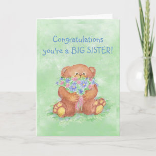 Cartão Congratulations BIG SISTER FunTeddy Bear Flowers
