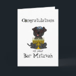 Cartão Congratulations on your Bar Mitzvah-Pug Dog<br><div class="desc">This cute little pug is sitting with a menorah with candles lit,  and wearing a tiny yarmulke. Inside is a nice verse which you can personalize.</div>