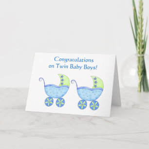 Cartão Congratulations Twin Baby Boys Blue Buggy