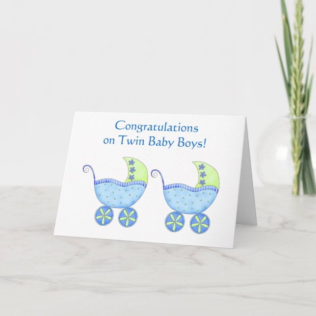 Cartão Congratulations Twin Baby Boys Blue Buggy (Frente)