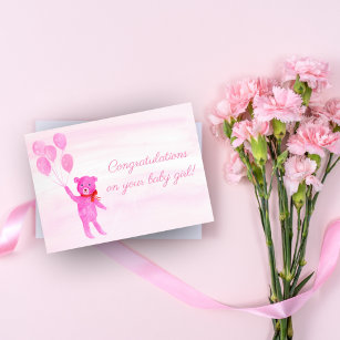 Cartão Congratulations Watercolor Pink Teddy Bear Girl