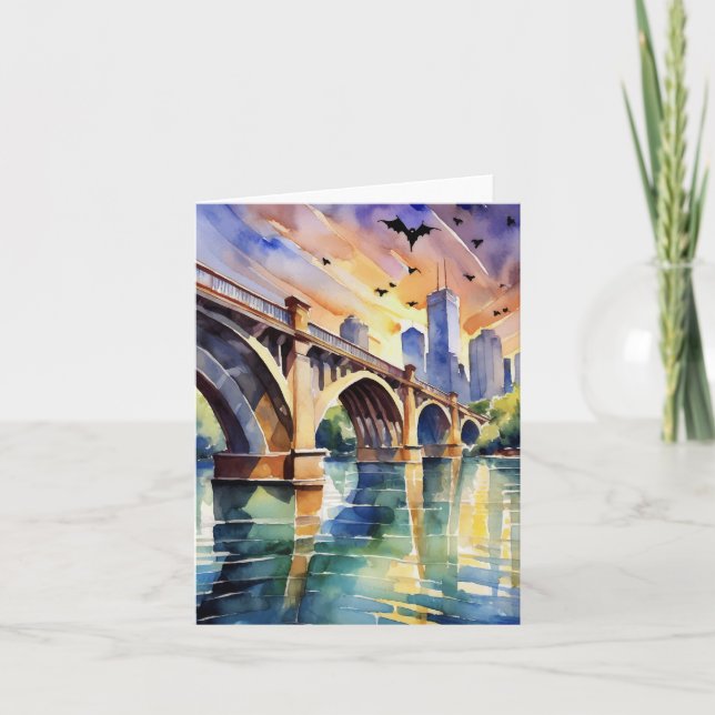 Cartão Congress Avenue Bridge Austin Texas Watercolor (Frente)