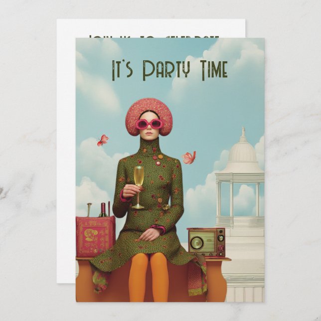 Cartão Convidado de Festa de Menina de Retro Surreal (Frente/Verso)