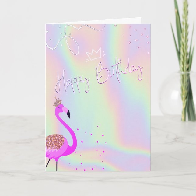 Cartão Cool Flamingos Hearts Holographic Birthday  (Frente)
