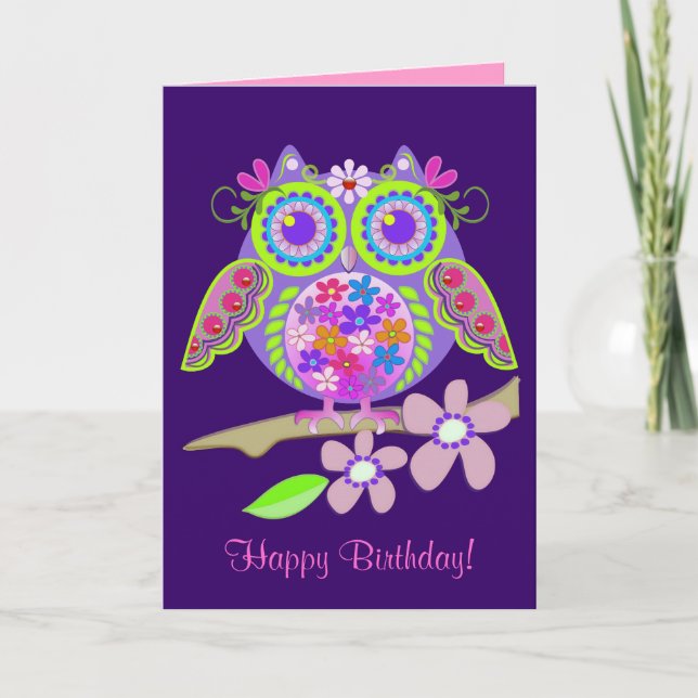 Cartão Cool Flower Power Owl Birthday card (Frente)