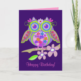 Cartão Cool Flower Power Owl Birthday card