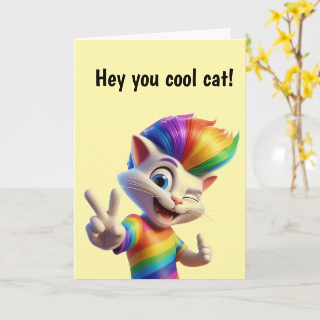 Cartão Cool Rainbow Cat Birthday (Flor Amarela)