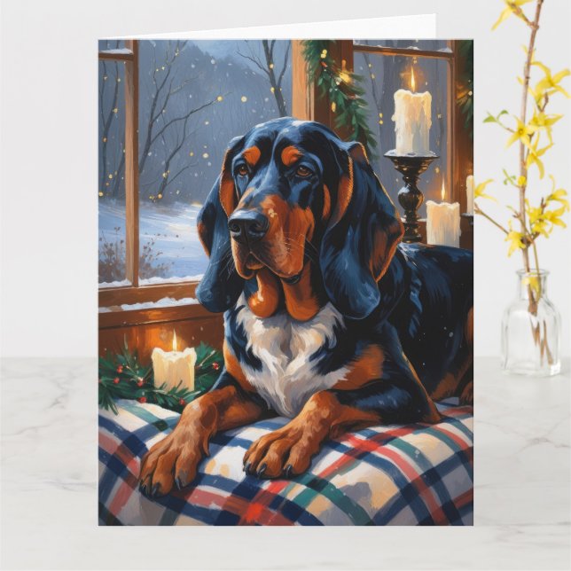 Cartão Coonhound Bluetick Com Luzes De Natal Férias (Flor Amarela)