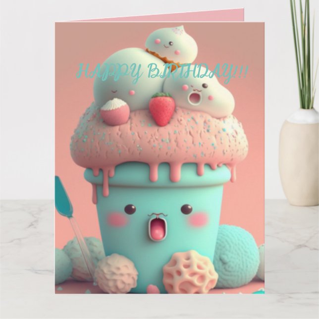 Cartão Copo de sorvete Kawaii (Frente)