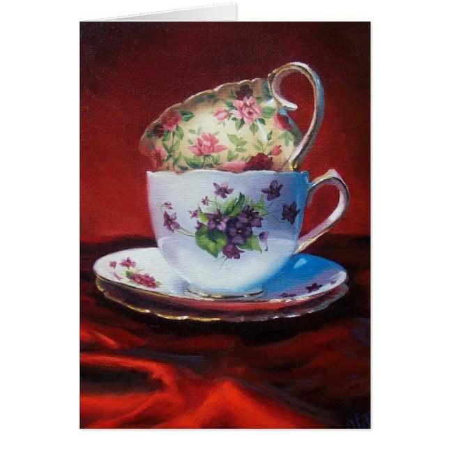 Cartão Copos de chá e cetim vermelho (Frente)