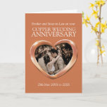 Cartão Copper 7th wedding anniversary photo card<br><div class="desc">Copper wedding anniversary card personalize with your choice of receiver,  year of marriage and photo and inside words. Example reads: Brother and Sister-in-law on your Copper Wedding Anniversary date and personalzed message inside. Bronze metal heart effect art and design by Sarah Trett for www.mylittleeden.com on zazzle.</div>