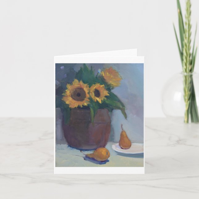 Cartão Copper Pot of Sunflowers and Pears - art note card (Frente)