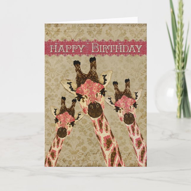 Cartão Copper & Rosa  Giraffes Happy Birthday Card (Frente)