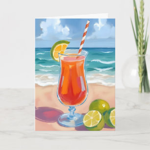 Cartão Coquetel de Praia Pintura em Aquarela Ondas do O
