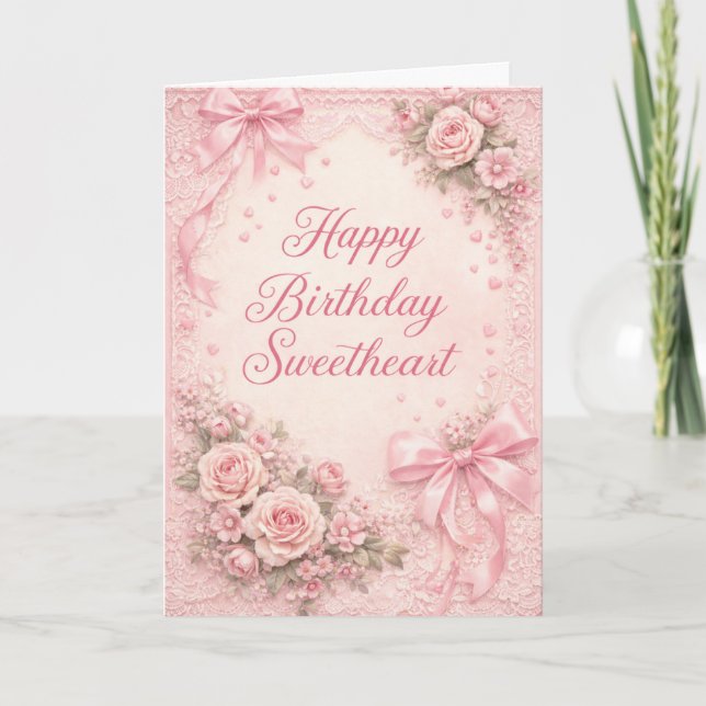 Cartão Coquette Aesthetic Pink Ribbon Bow Birthday Card (Frente)