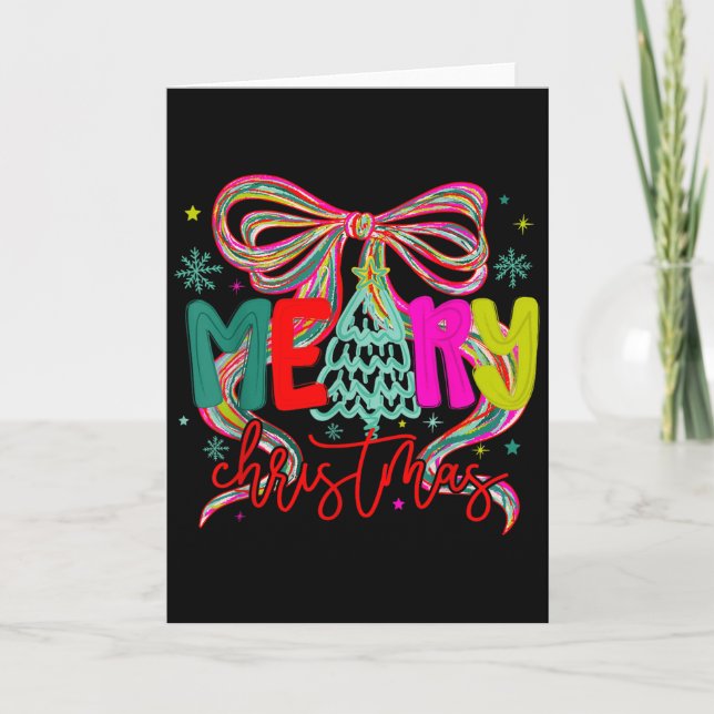 Cartão Coquette Bow Merry Christmas Preppy Xmas Pajamas W (Frente)