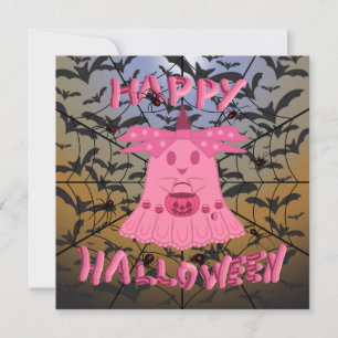 Cartão Coquette Rosa Fantasma Feliz Halloween Arte Digita