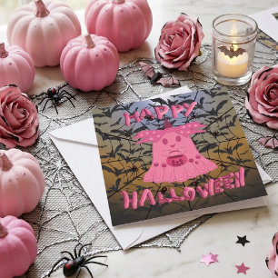 Cartão Coquette Rosa Fantasma Feliz Halloween Arte Digita