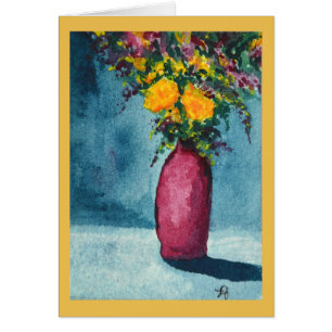 Cartão Cor d'água original - Vaso roxo e flores amarelas