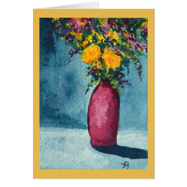 Cartão Cor d'água original - Vaso roxo e flores amarelas (Frente)