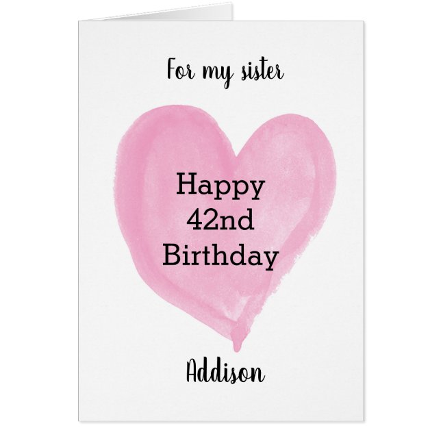 Cartão Cor d'água rosa Coração 42º Aniversário (Frente)