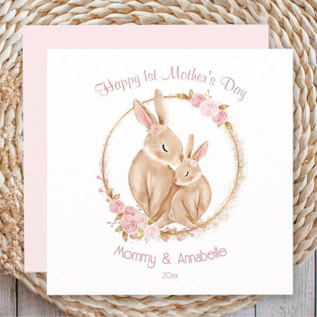 Cartão Cor-de-rosa-branca, Dia de as mães (First Mother's Day Cute Bunny Girl White Pink Card)