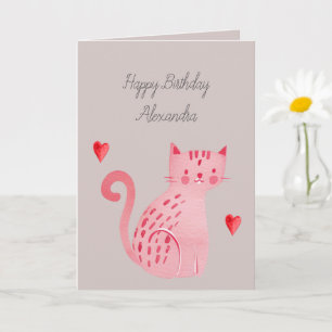 Cartão Cora Cinza Gato Corações Aniversário