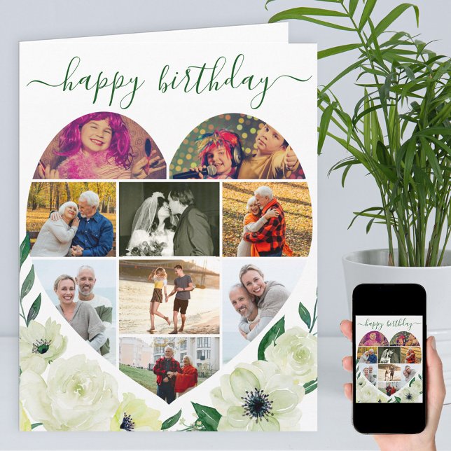 Cartão Coração 9 Foto Colagem Branca Rosa Feliz Aniversár (Criador carregado)