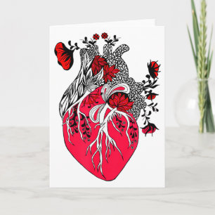 Cartão Coração Anatômico Florescendo Flores Vermelhas Dia
