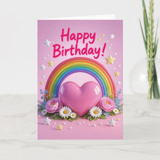 Cartão Coração de amor arco-íris e rosa no aniversário