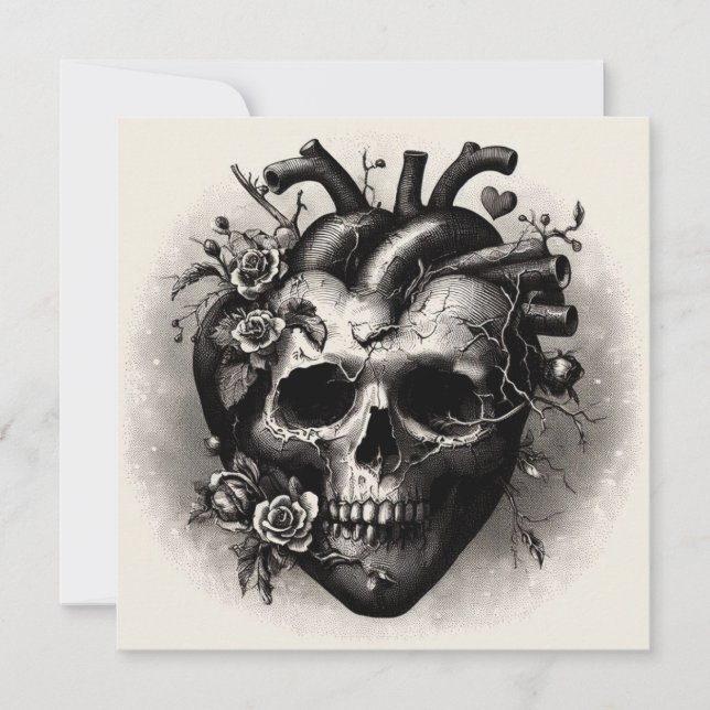Cartão Coração de Caveira Gótico Antigo Dia dos Namorados (Frente)
